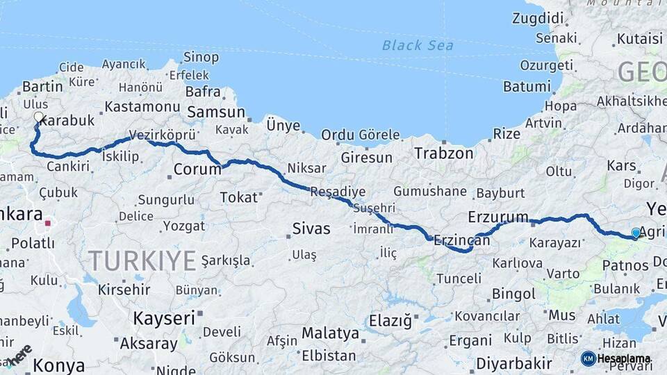 Ağrı Safranbolu Karabük Arası Kaç Km - Yol Haritası