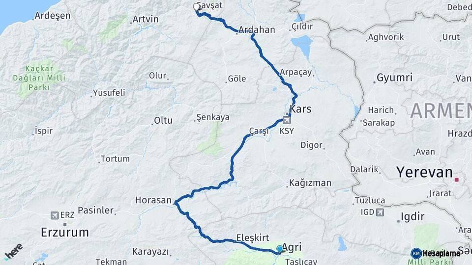 Ağrı Şavşat Artvin Arası Kaç Km - Yol Haritası