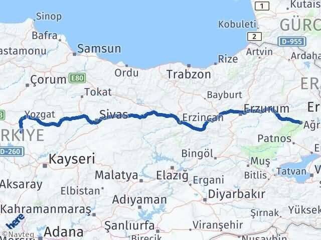 Ağrı Şefaatli Yozgat Arası Kaç Km - Yol Haritası