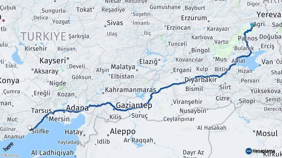 Ağrı Silifke Mersin Arası Kaç Km - Yol Haritası