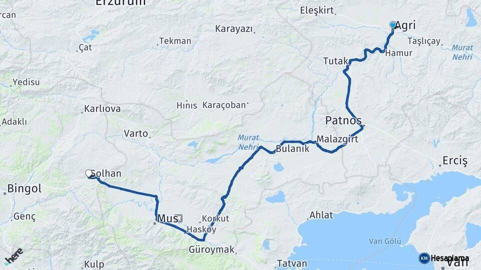 Ağrı Solhan Bingöl Arası Kaç Km - Yol Haritası