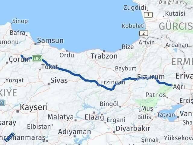Ağrı Suluova Amasya Arası Kaç Km - Yol Haritası