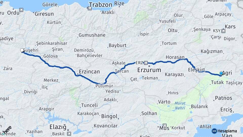 Ağrı Suşehri Sivas Arası Kaç Km - Yol Haritası
