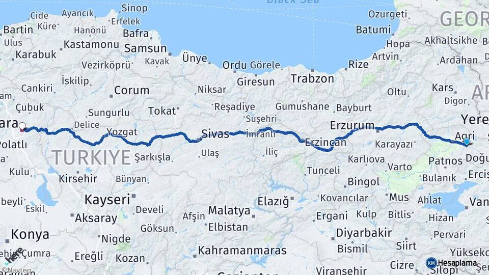 Ağrı Taşlıçay Ankara Arası Kaç Km - Yol Haritası