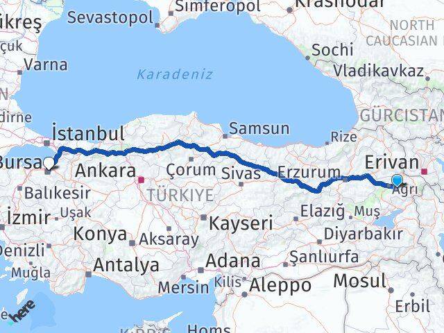 Ağrı Taşlıçay Bursa Arası Kaç Km - Yol Haritası