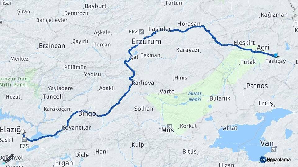 Ağrı Taşlıçay Elazığ Arası Kaç Km - Yol Haritası