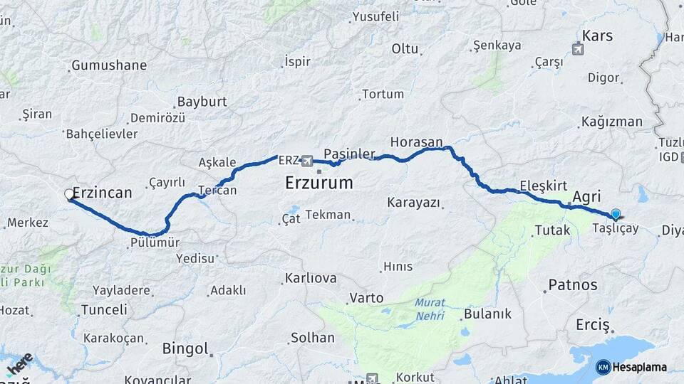 Ağrı Taşlıçay Erzincan Arası Kaç Km - Yol Haritası