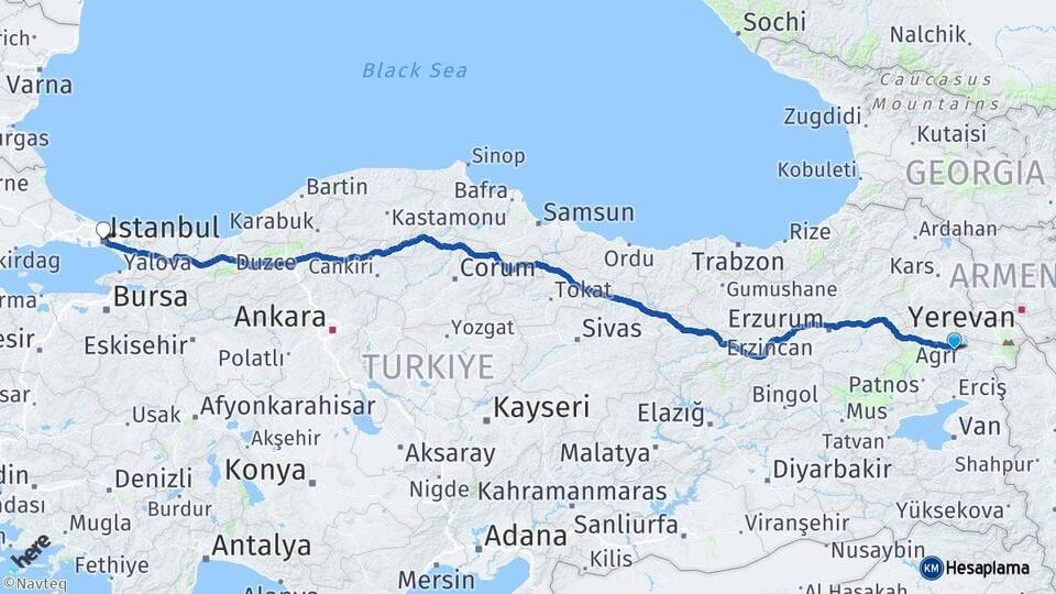 Ağrı Taşlıçay İstanbul Arası Kaç Km - Yol Haritası