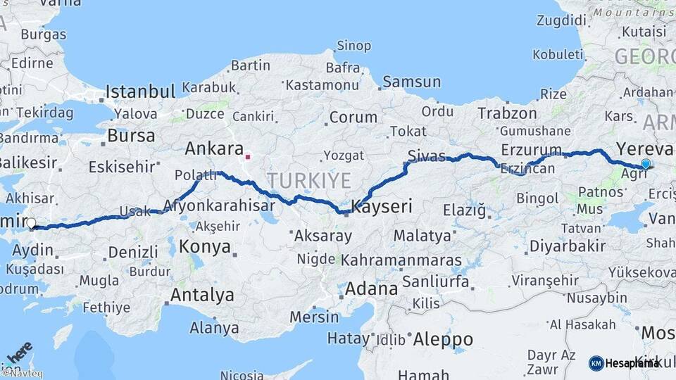 Ağrı Taşlıçay İzmir Arası Kaç Km - Yol Haritası