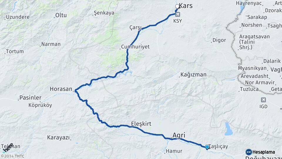 Ağrı Taşlıçay Kars Arası Kaç Km - Yol Haritası