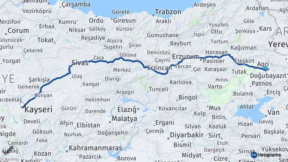 Ağrı Taşlıçay Kayseri Arası Kaç Km - Yol Haritası