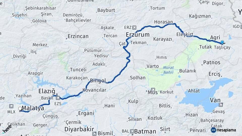 Ağrı Taşlıçay Malatya Arası Kaç Km - Yol Haritası