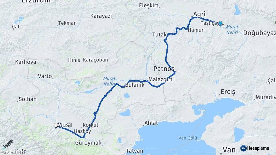 Ağrı Taşlıçay Muş Arası Kaç Km - Yol Haritası
