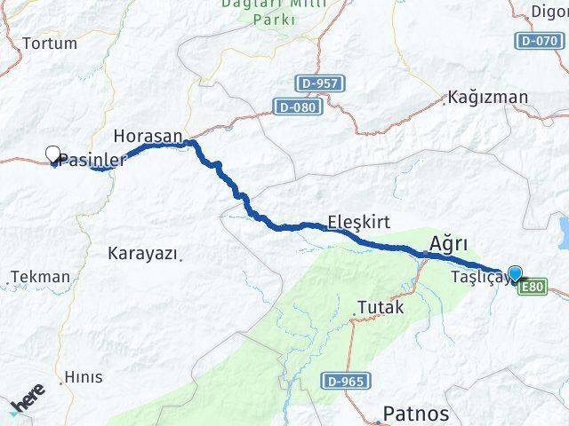 Ağrı Taşlıçay Pasinler Erzurum Arası Kaç Km - Yol Haritası