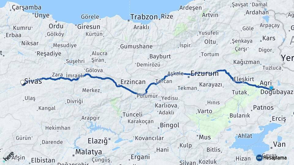 Ağrı Taşlıçay Sivas Arası Kaç Km - Yol Haritası