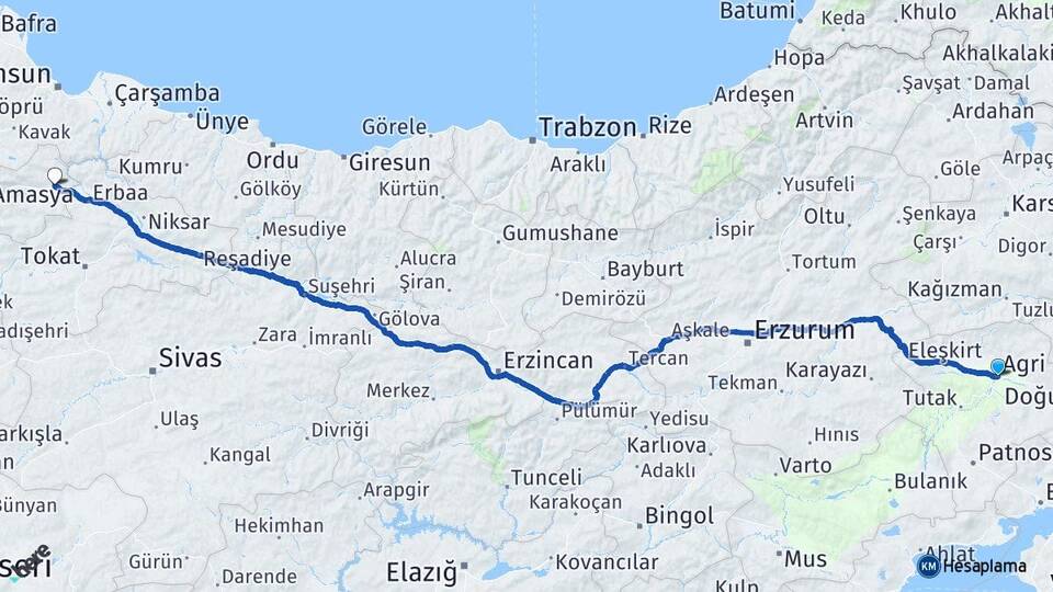 Ağrı Taşova Amasya Arası Kaç Km - Yol Haritası