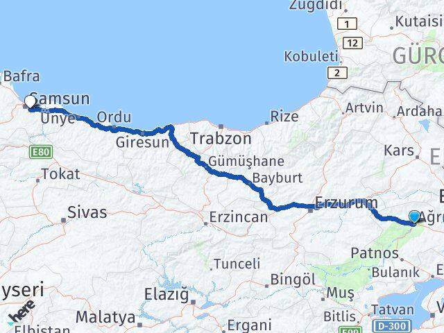Ağrı Tekkeköy Samsun Arası Kaç Km - Yol Haritası
