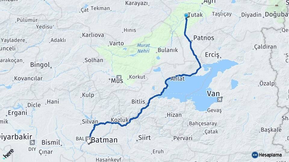 Ağrı Tutak Batman Arası Kaç Km - Yol Haritası