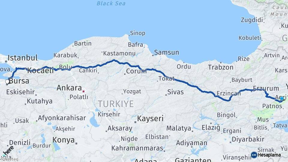 Ağrı Tutak Bursa Arası Kaç Km - Yol Haritası
