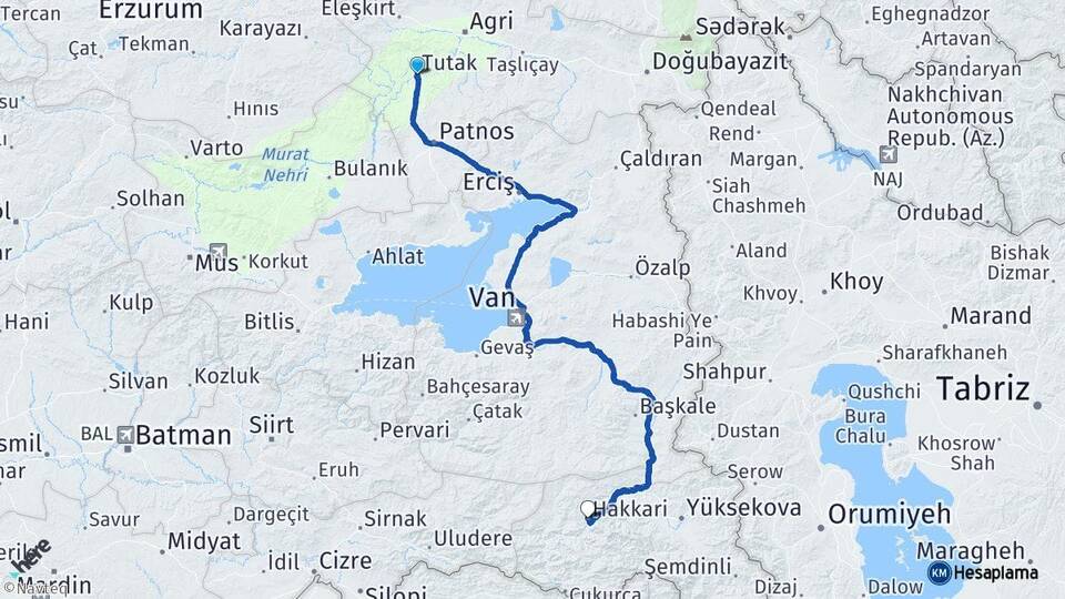 Ağrı Tutak Hakkari Arası Kaç Km - Yol Haritası