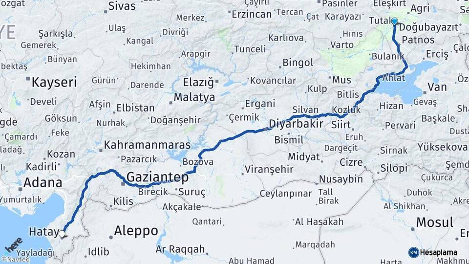 Ağrı Tutak Hatay Arası Kaç Km - Yol Haritası