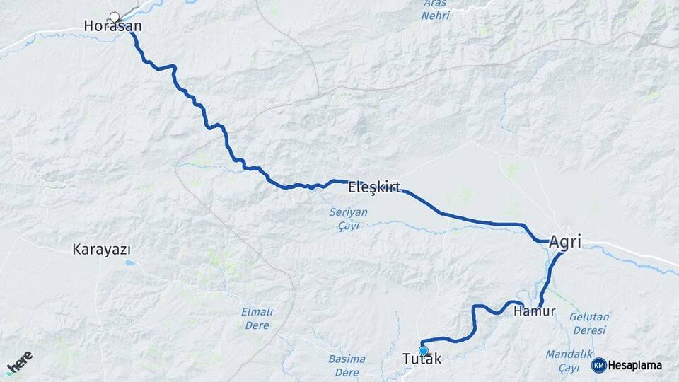 Ağrı Tutak Horasan Erzurum Arası Kaç Km - Yol Haritası