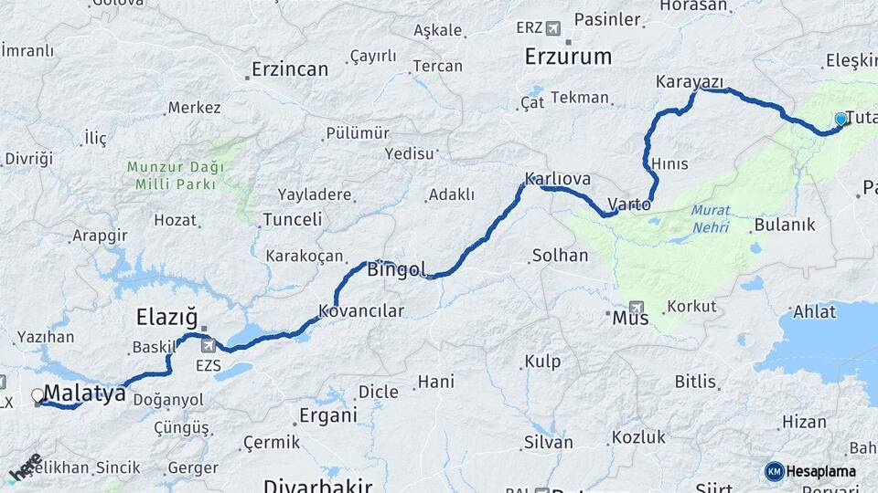 Ağrı Tutak Malatya Arası Kaç Km - Yol Haritası