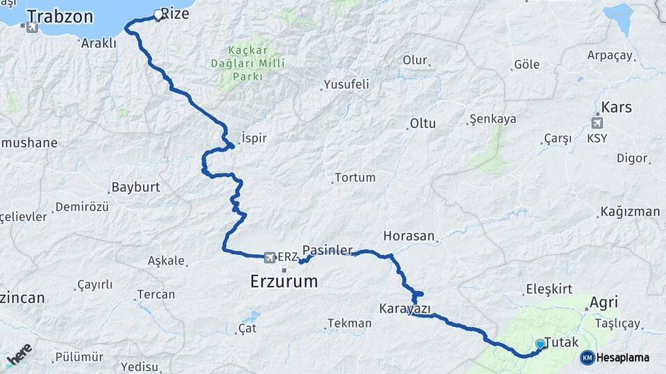 Ağrı Tutak Rize Arası Kaç Km - Yol Haritası
