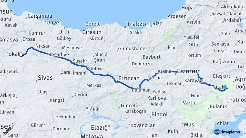 Ağrı Tutak Tokat Arası Kaç Km - Yol Haritası