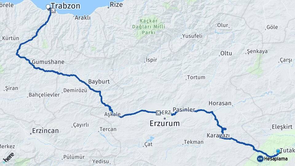 Ağrı Tutak Trabzon Arası Kaç Km - Yol Haritası