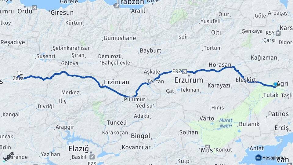 Ağrı Zara Sivas Arası Kaç Km - Yol Haritası