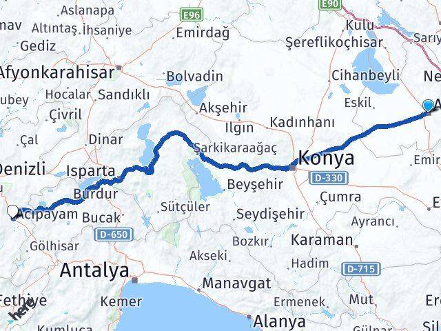 Aksaray Acıpayam Denizli Arası Kaç Km - Yol Haritası