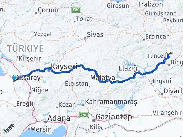 Aksaray Adaklı Bingöl Arası Kaç Km - Yol Haritası