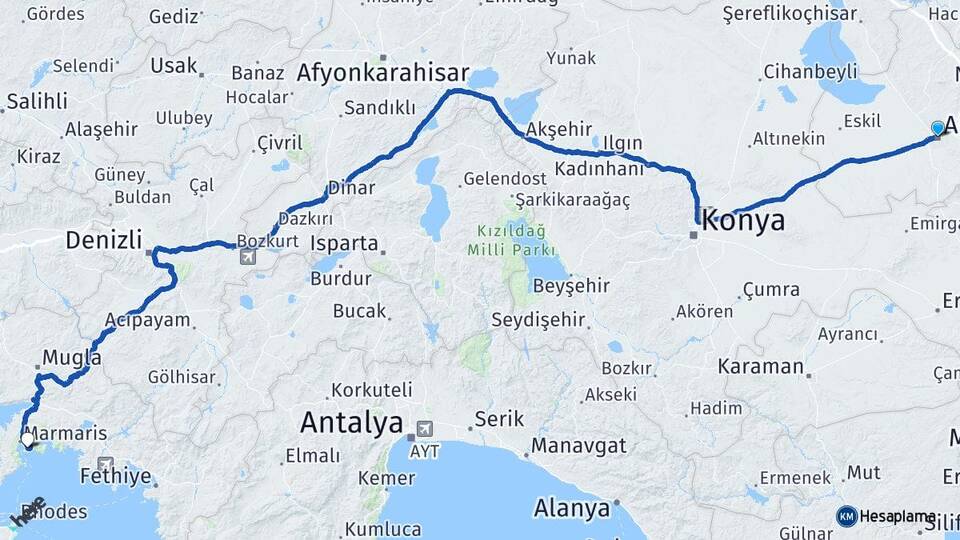 Aksaray Adaköy Marmaris Muğla Arası Kaç Km - Yol Haritası