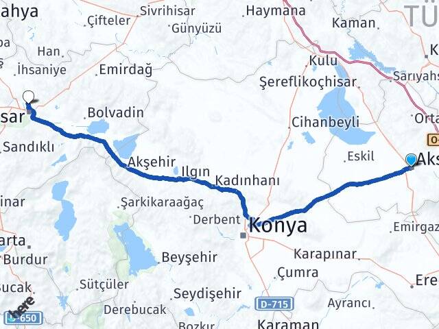 Aksaray Afyon Kocatepe Üniversitesi Arası Kaç Km - Yol Haritası