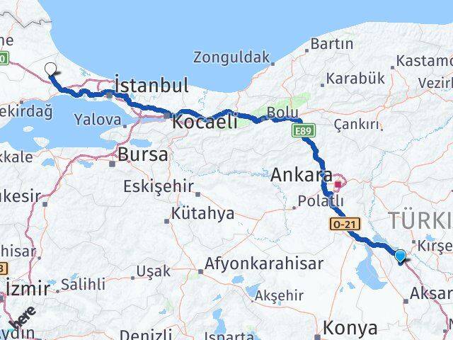 Aksaray Ağaçören Çerkezköy Tekirdağ Arası Kaç Km - Yol Haritası