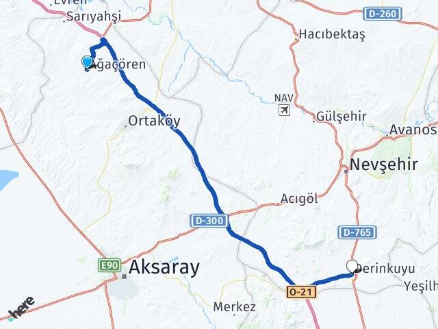 Aksaray Ağaçören Derinkuyu Nevşehir Arası Kaç Km - Yol Haritası