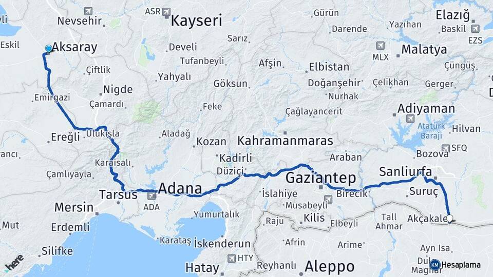 Aksaray Akçakale Şanlıurfa Arası Kaç Km - Yol Haritası