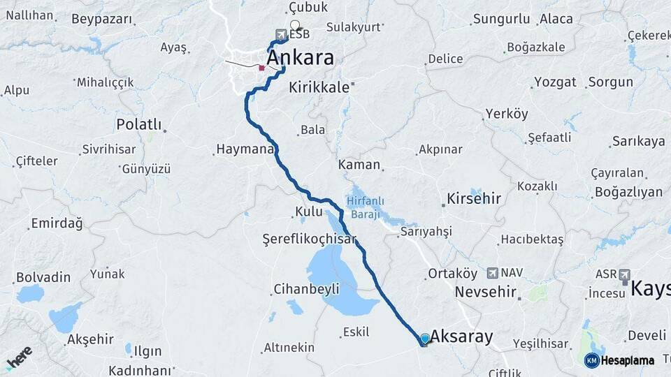 Aksaray Akyurt Ankara Arası Kaç Km - Yol Haritası