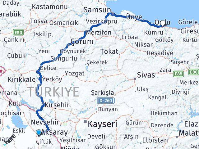 Aksaray Altınordu Arası Kaç Km - Yol Haritası