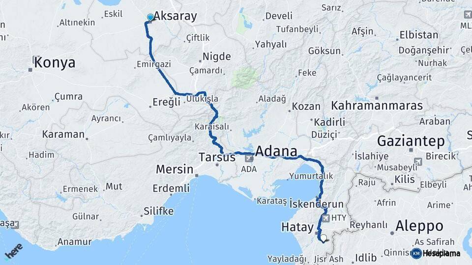 Aksaray Altınözü Hatay Arası Kaç Km - Yol Haritası