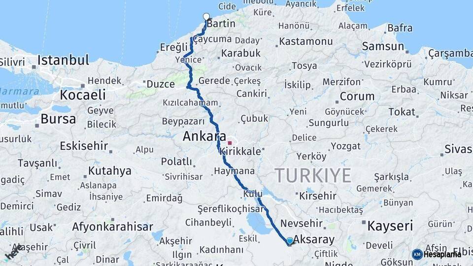 Aksaray Amasra Bartın Arası Kaç Km - Yol Haritası