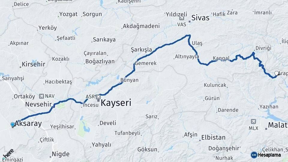 Aksaray Arapgir Malatya Arası Kaç Km - Yol Haritası