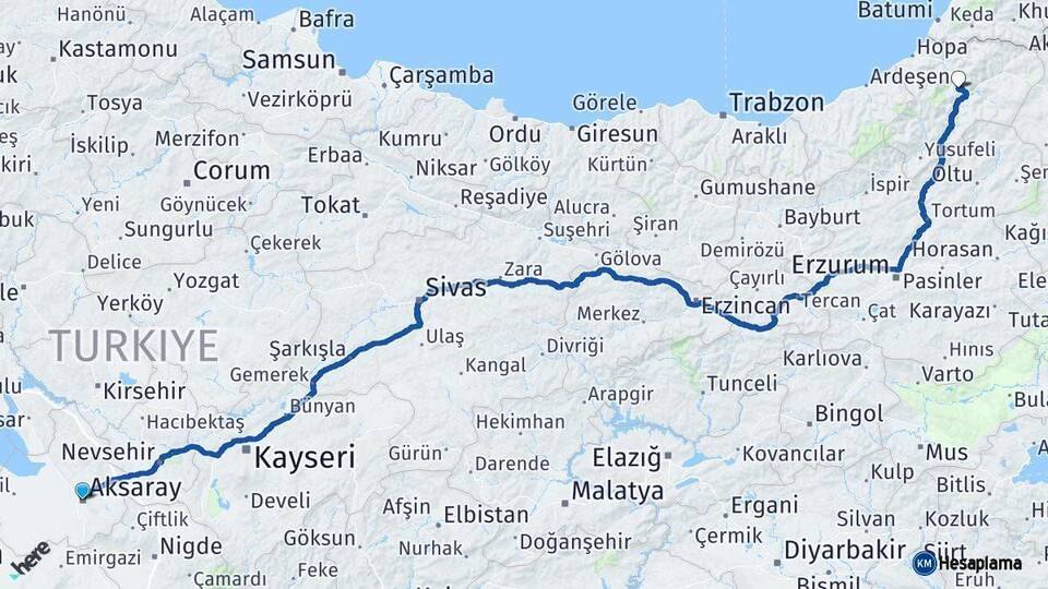 Aksaray Artvin Arası Kaç Km - Yol Haritası