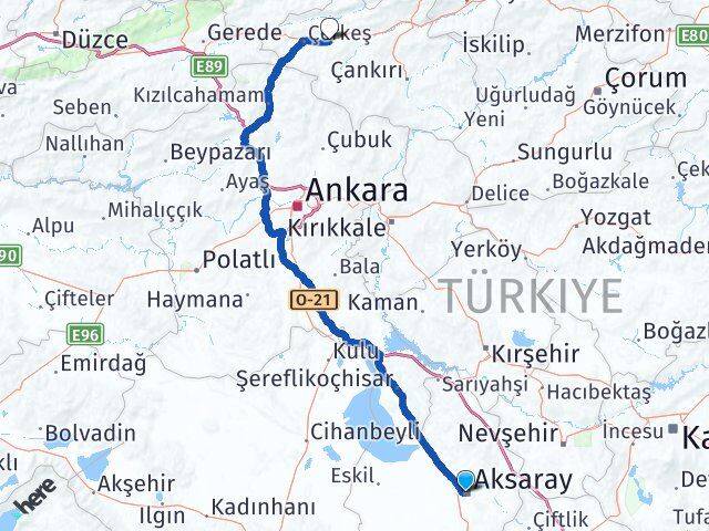 Aksaray Atkaracalar Çankırı Arası Kaç Km - Yol Haritası