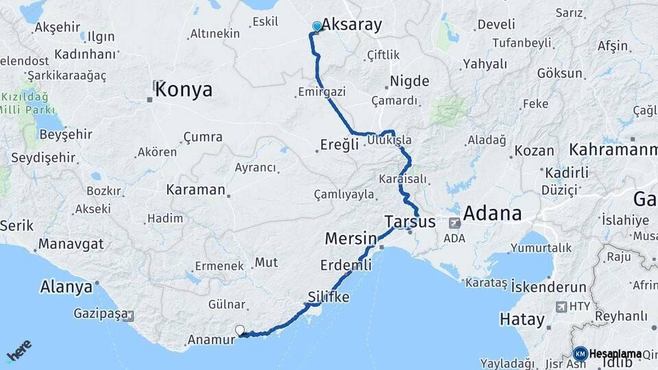 Aksaray Aydıncık Mersin Arası Kaç Km - Yol Haritası