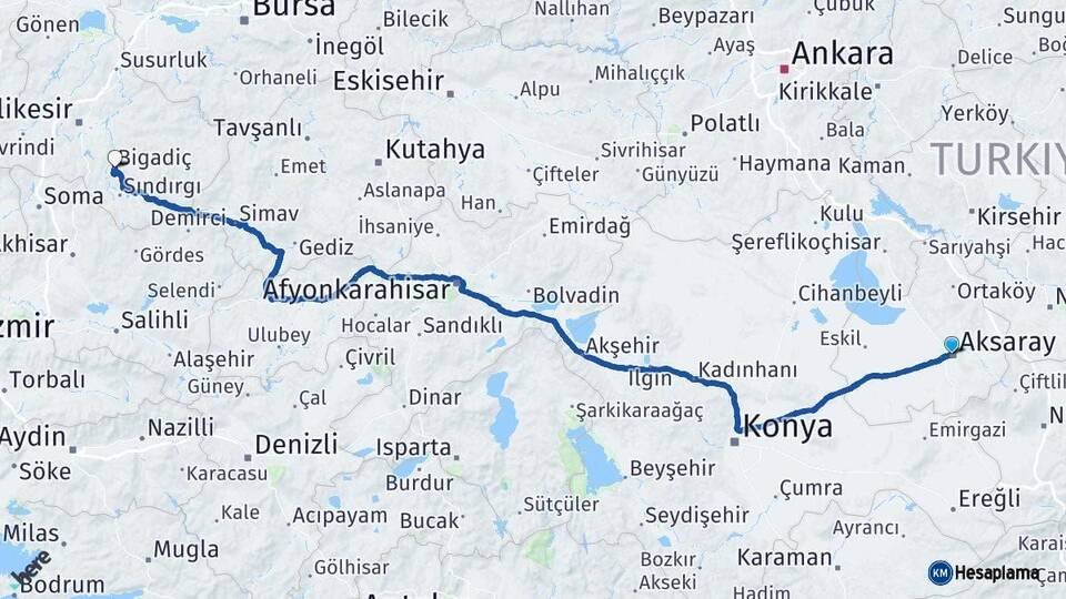 Aksaray Bigadiç Balıkesir Arası Kaç Km - Yol Haritası