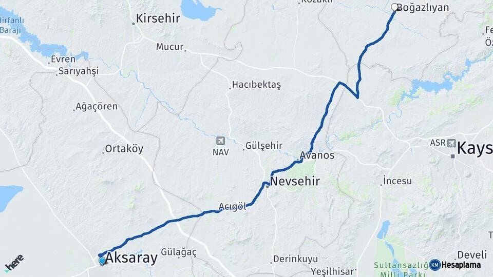 Aksaray Boğazlıyan Yozgat Arası Kaç Km - Yol Haritası