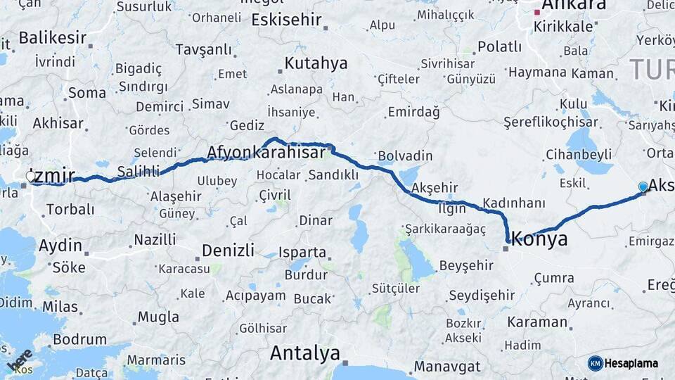 Aksaray Bornova İzmir Arası Kaç Km - Yol Haritası
