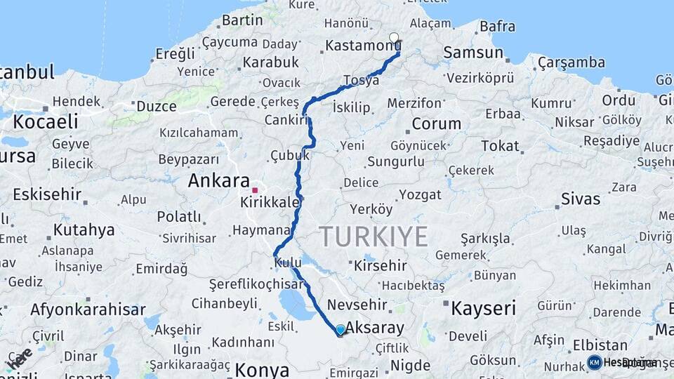 Aksaray Boyabat Sinop Arası Kaç Km - Yol Haritası